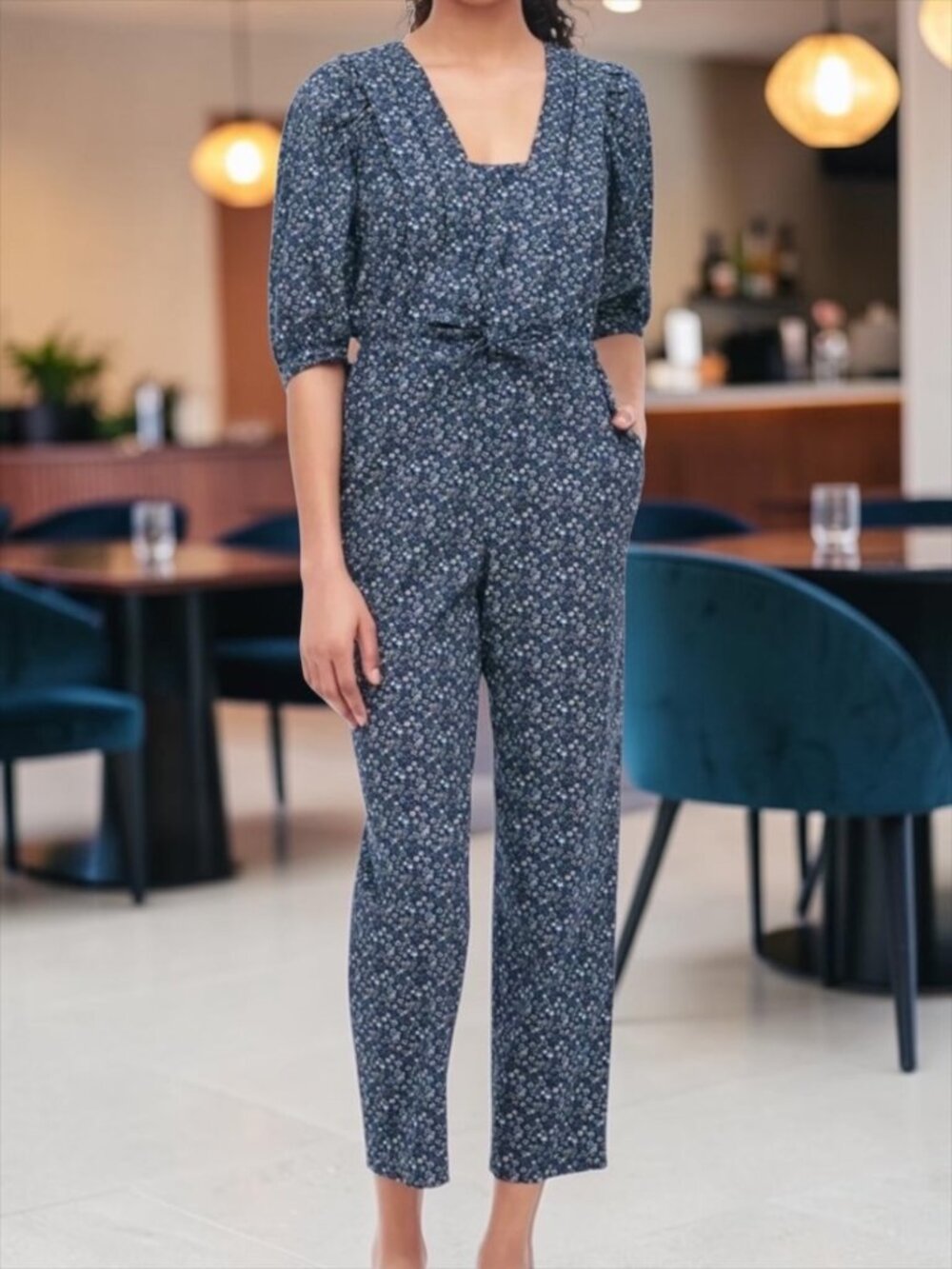 Rebecca Taylor La Vie Chinon Floral Jumpsuit L Midnight Navy Blue Cotton
